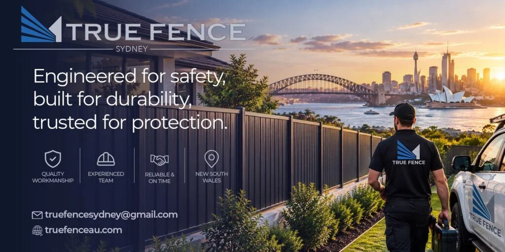 True Fence Sydney banner: Colorbond fence and installer with Sydney Harbour in the background