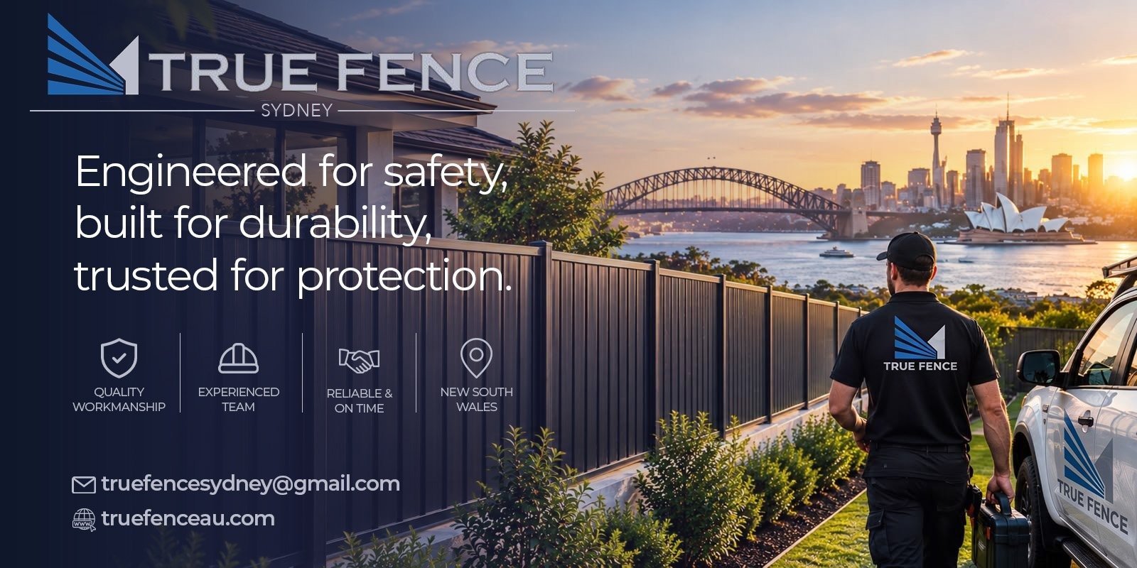 True Fence Sydney banner: Colorbond fence and installer with Sydney Harbour in the background